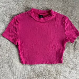 New SHEIN Solid Barbie Pink Mock Neck Short Sleeves Crop Top Size Small
